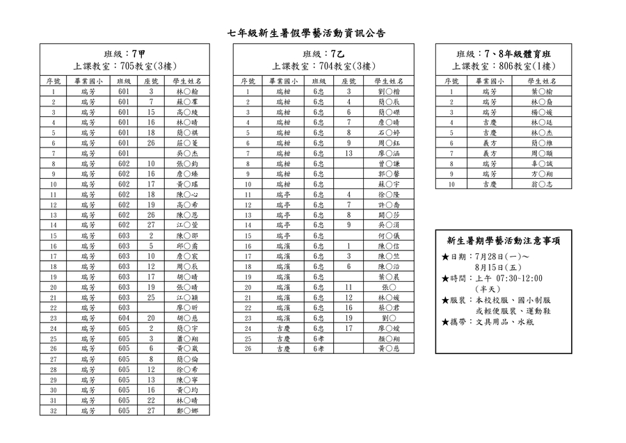 【暑期學藝】114年度暑期學藝活動分班資訊公告(七年級新生)圖片